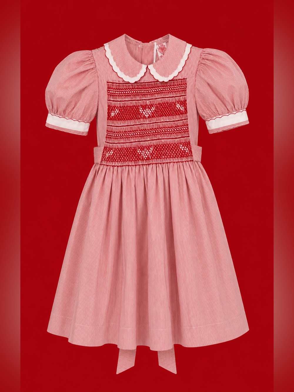 Vintage 80s Girls Red and White Smocked Cotton Dress